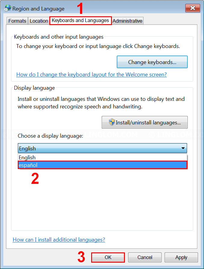 Change display language on Windows 7 - Linglom.com