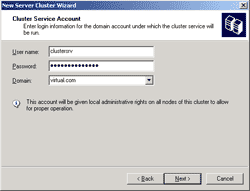 Enter the user account to run the cluster service