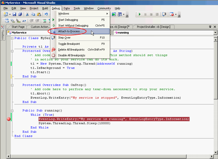 debug window-service vb.net