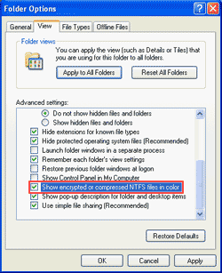 Check 'Show encrypted or compressed NTFS files in color'