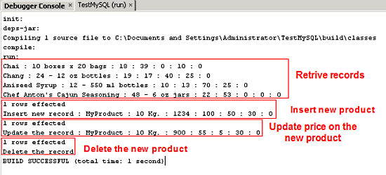 Example query result from MySQL