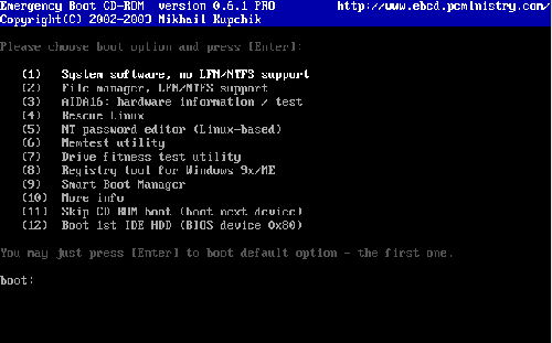 EBCD Boot menu