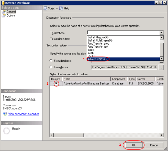 Select a destination database to restore