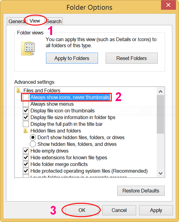 Uncheck the box 'Always show icons, never thumbnails' on Windows 8.1