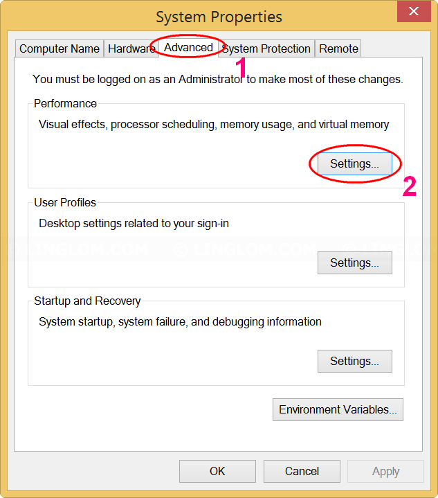 Open Performance Options on Windows 8.1