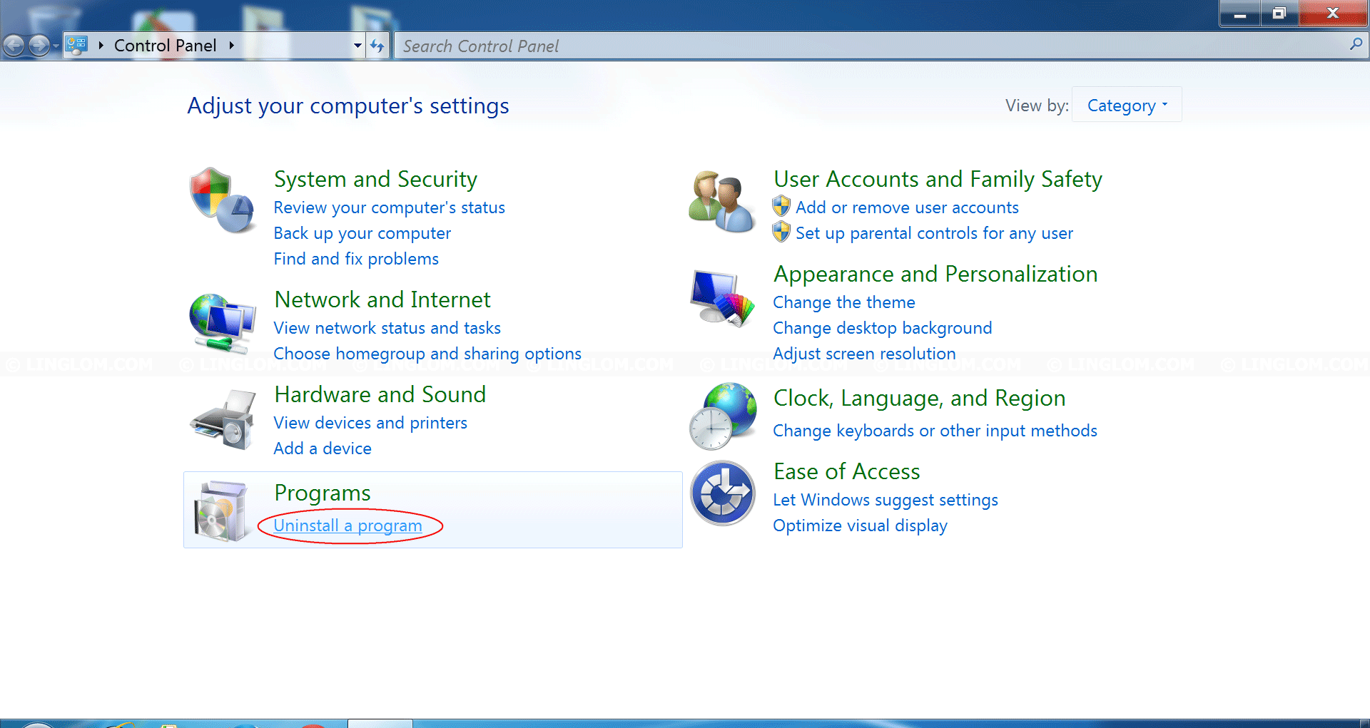 Select 'Uninstall a Program' in Control Panel