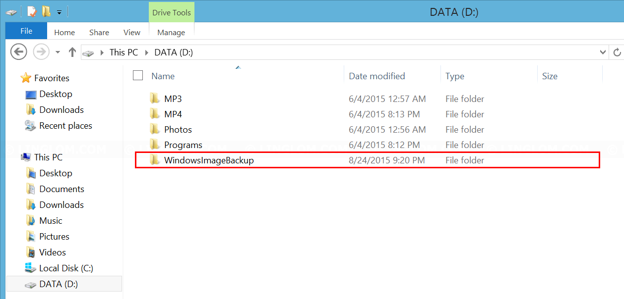 Backup file on 'D' drive