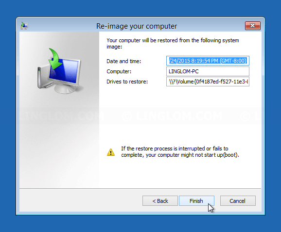 Start restore from the backup image