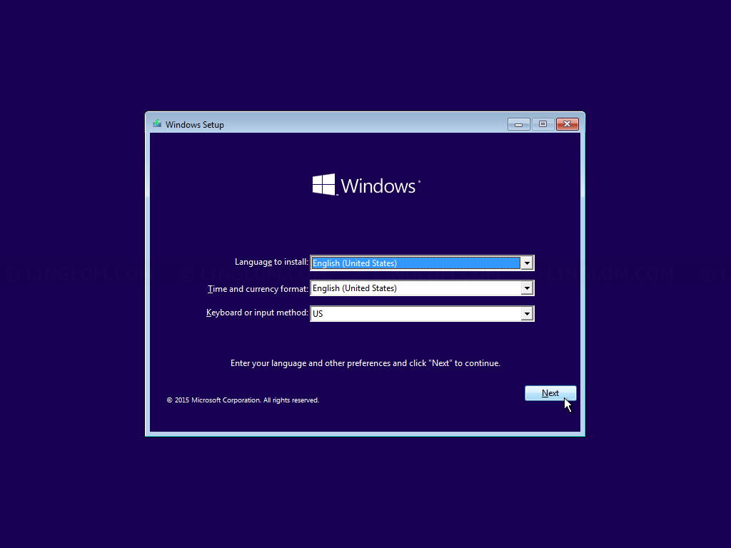 Begin setup Windows 10