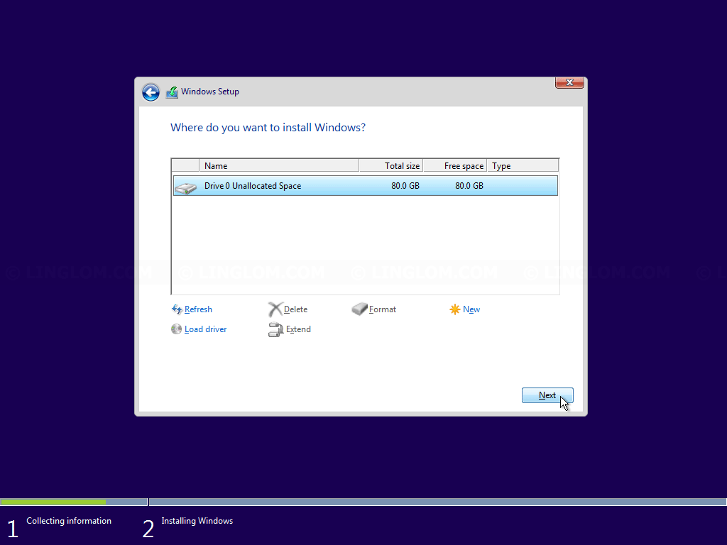 Select partition to install Windows 10