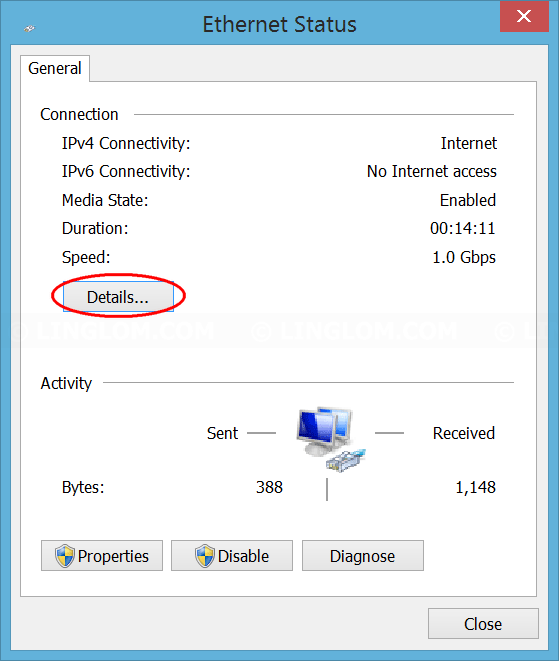 Click Details on network status window
