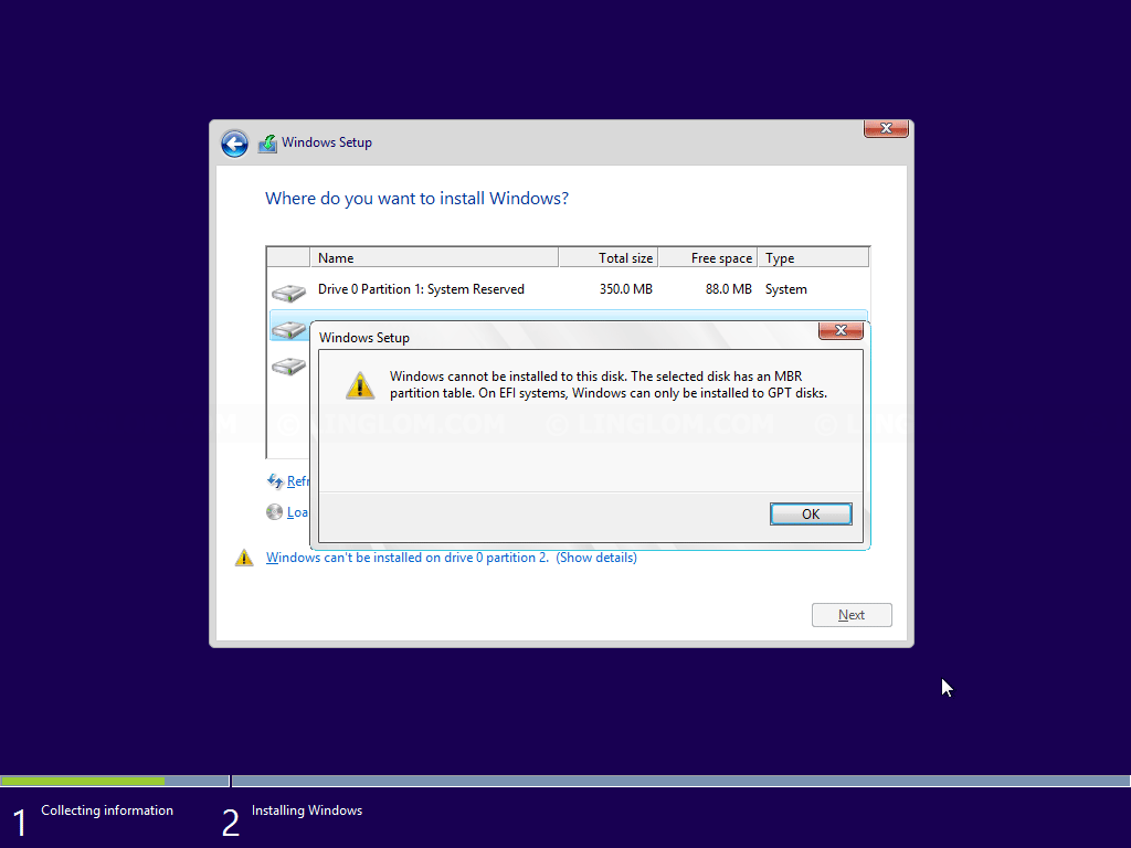 Cannot install UEFI Windows on MBR disk