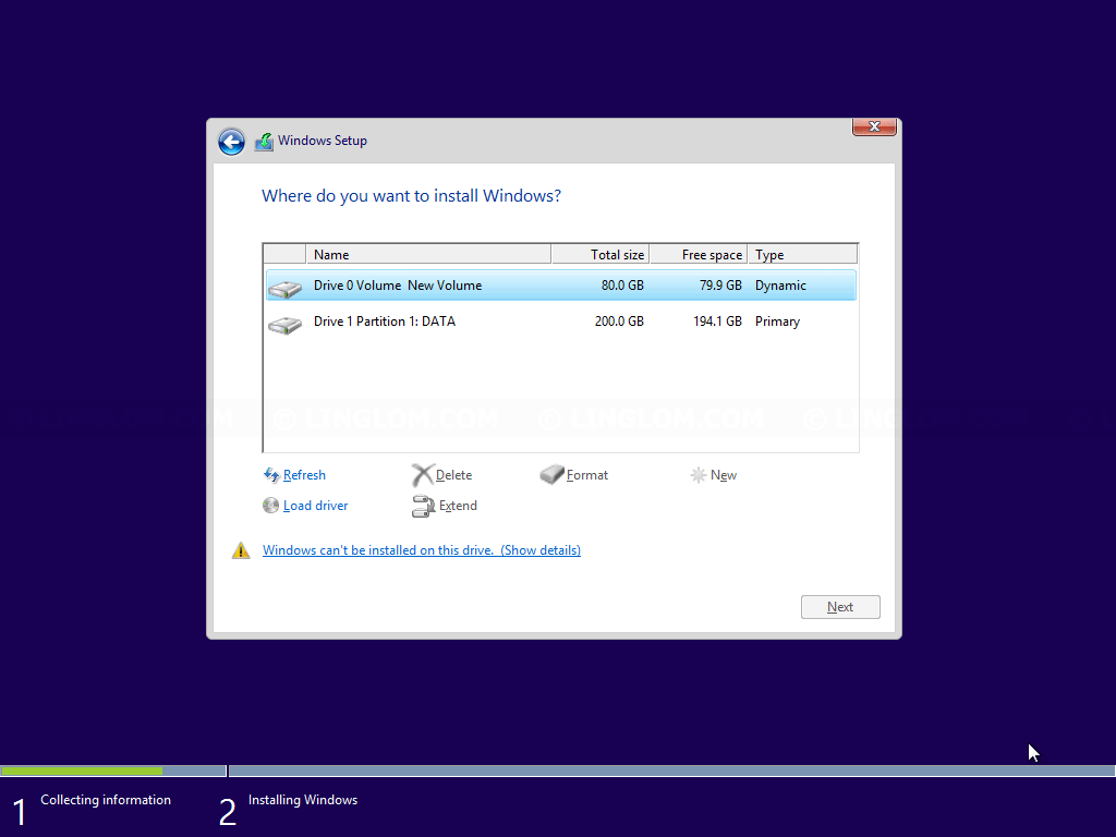 Windows Setup - Cannot select the dynamic disk