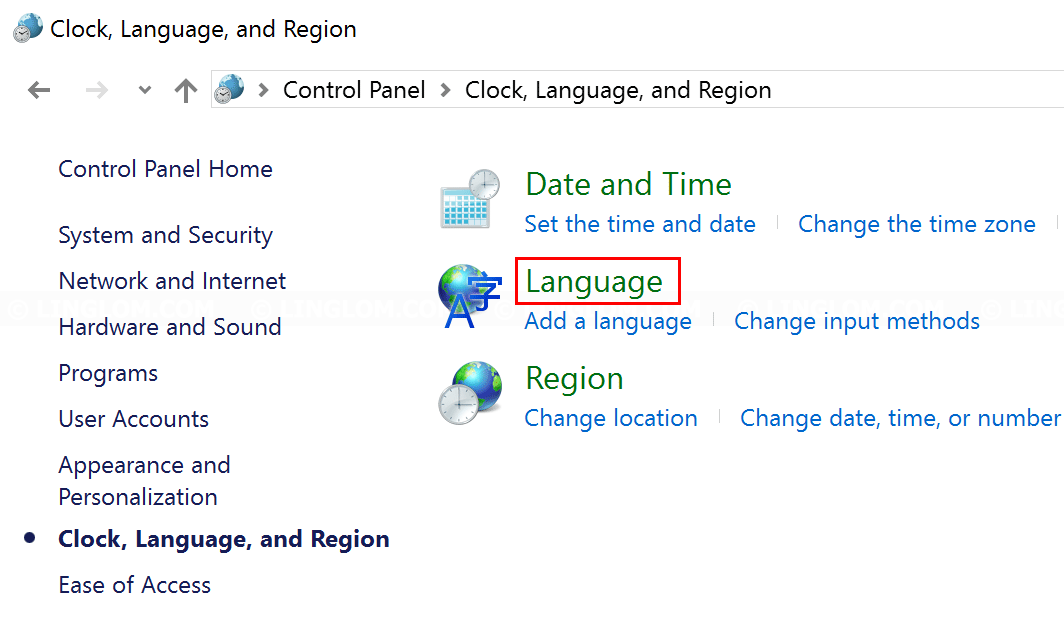 Select language in Control Panel