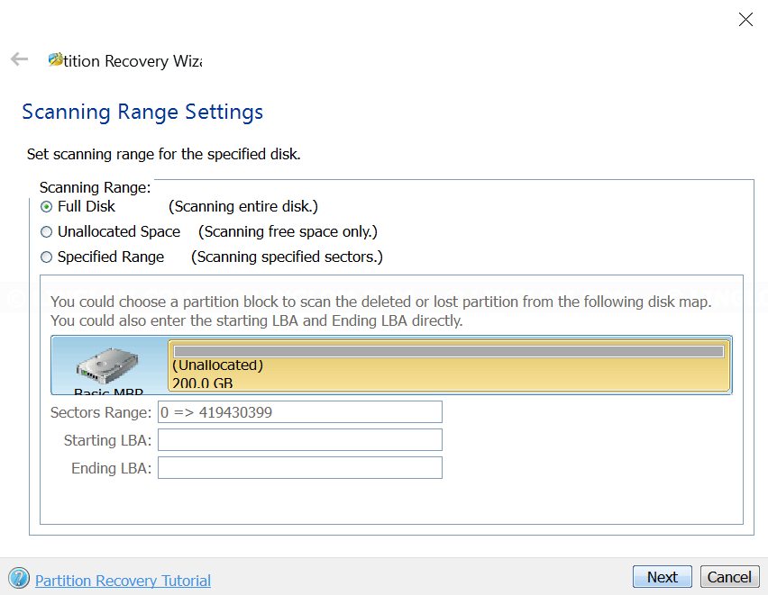 MiniTool Partition Wizard - Select scanning range
