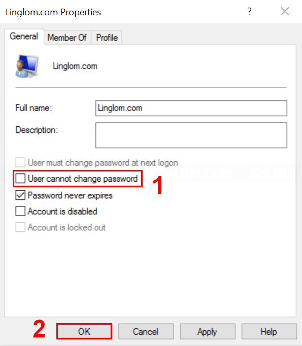 Uncheck 'User cannot change password' option