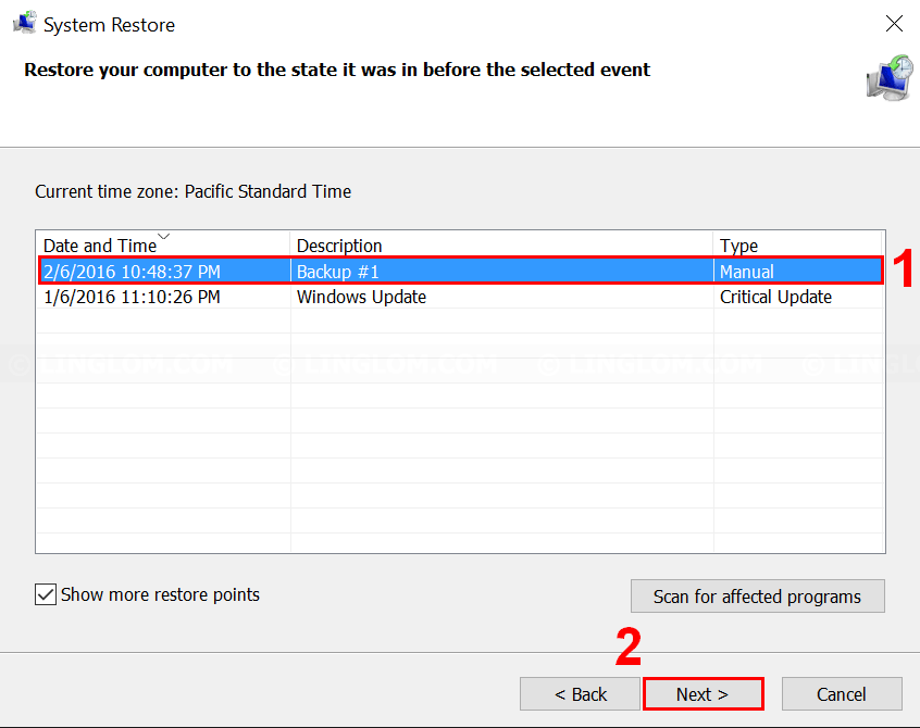 Select a restore point