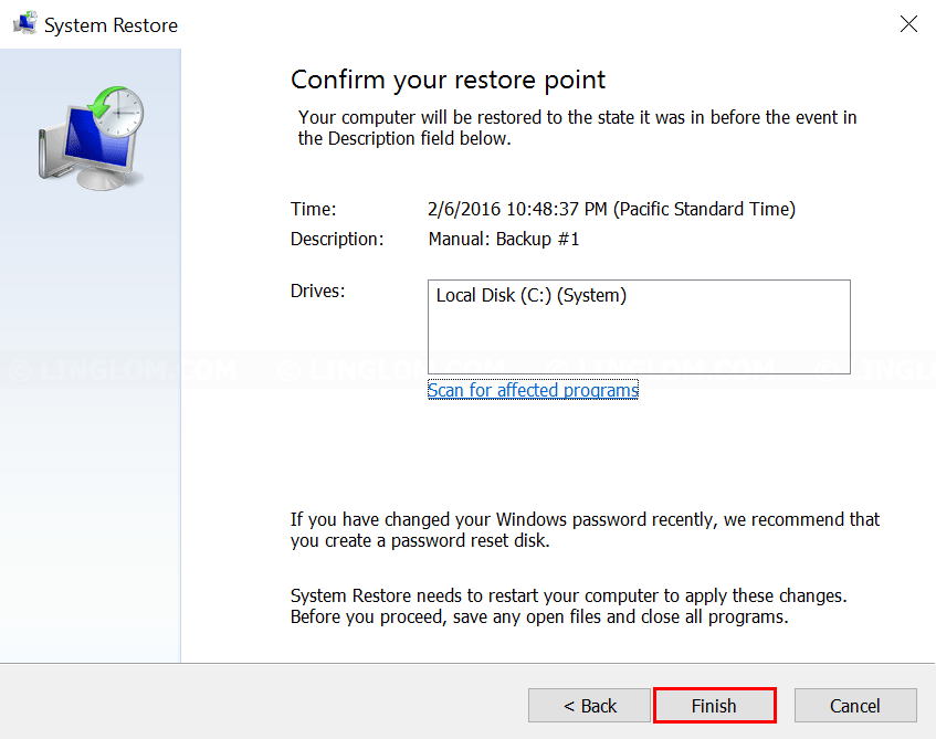 Finishing select a restore point