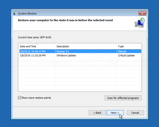 Select a restore point