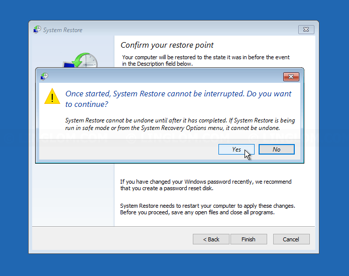Confirm restore Windows with this restore point
