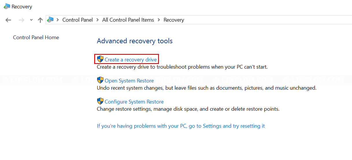 Select Create a recovery drive