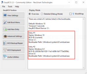 Boot entries on dual boot system