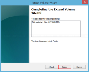 Completing the Extend Volume Wizard