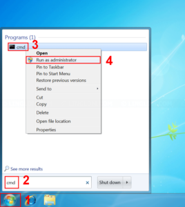 Open command prompt (admin) in Windows 7