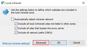 Open Advanced menu in local intranet zone