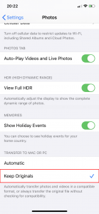 Select Keep Originals option in Transfer to Mac or PC section